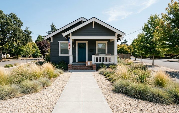 Dark charcoal bungalow with teal door, white trim, American flag, and ornamental grasses in Louisville KY