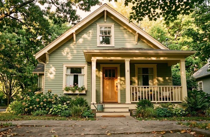 Soft sage green bungalow with cream trim, wood door, and lush landscaping in Louisville KY