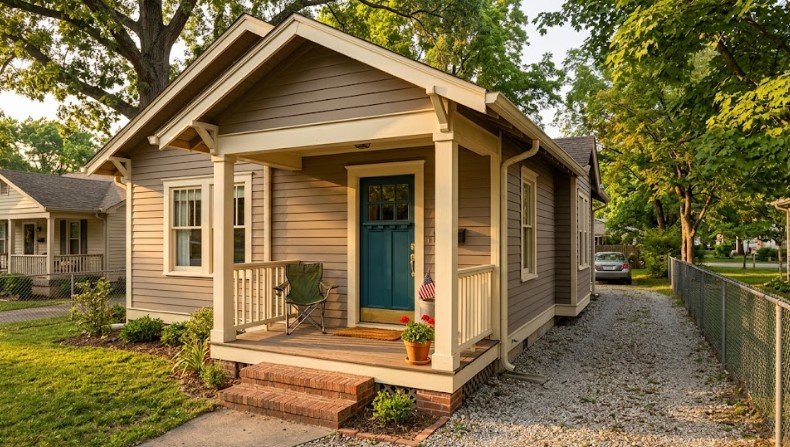 Warm taupe small house with teal door, brick steps, and landscaping at sunset