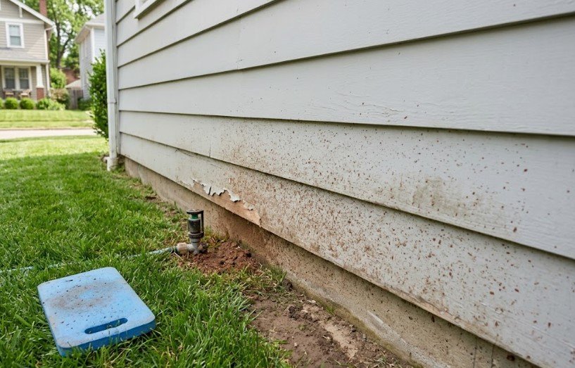 Exterior Paint Problems and Solutions: Why Peeling Sills and Mildew Dominate in KY 1 Mud spatter and peeling paint on the lowest rows of gray siding beside a sprinkler head
