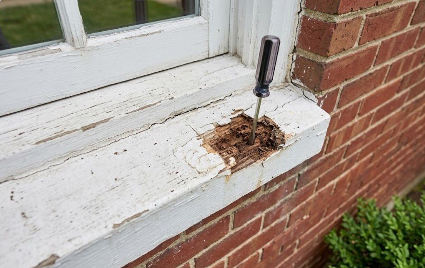 Exterior Paint Problems and Solutions: Why Peeling Sills and Mildew Dominate in KY 2 Screwdriver pushed into rotted wood under peeling paint on a white window sill
